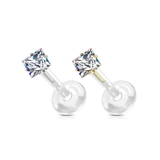 Threadless Bioflex Flat Back Labret Combo with Surgical Steel Prong Set Square CZ Push In Top