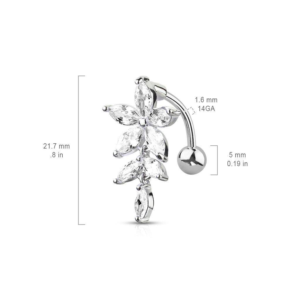 Belly Banana Surgical Steel Marquise CZ Flower & Vine Top Down External Thread