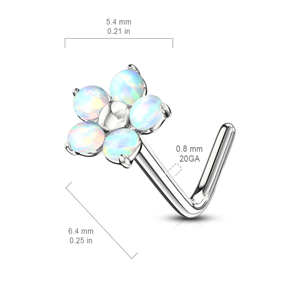 L Bend Surgical Steel Nostril Stud with 5 Petal Opal Flower