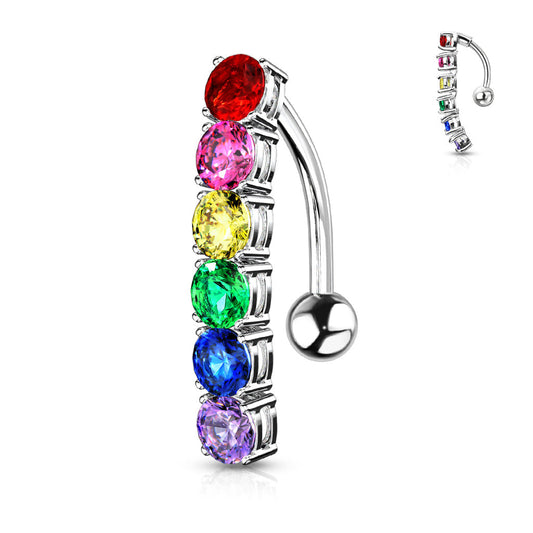 Rainbow CZ Top Down Belly Banana in Surgical Steel