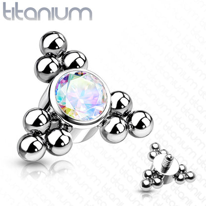 Internal Thread Titanium Single CZ with Triple Ball Clusters Top