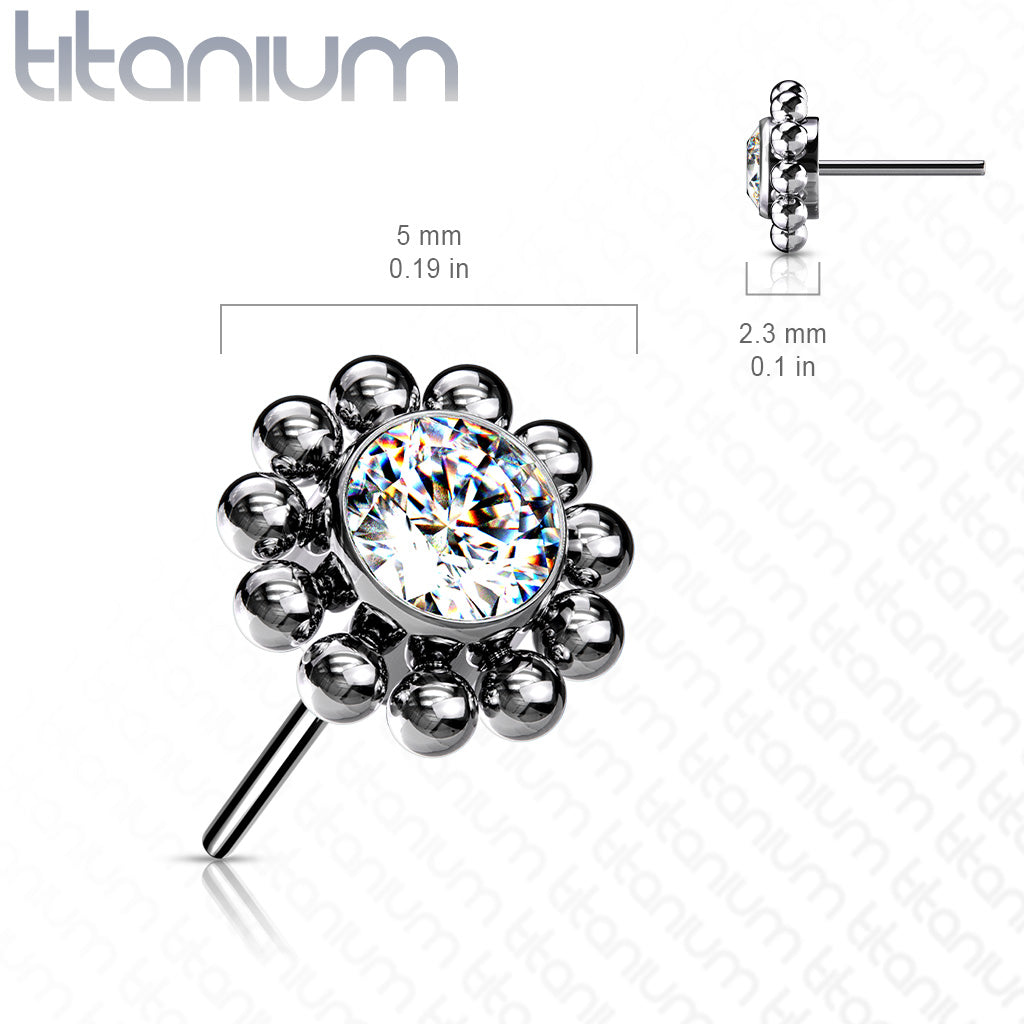 Threadless Titanium Flower Top Only with Center CZ and Surrounding Ball Cluster
