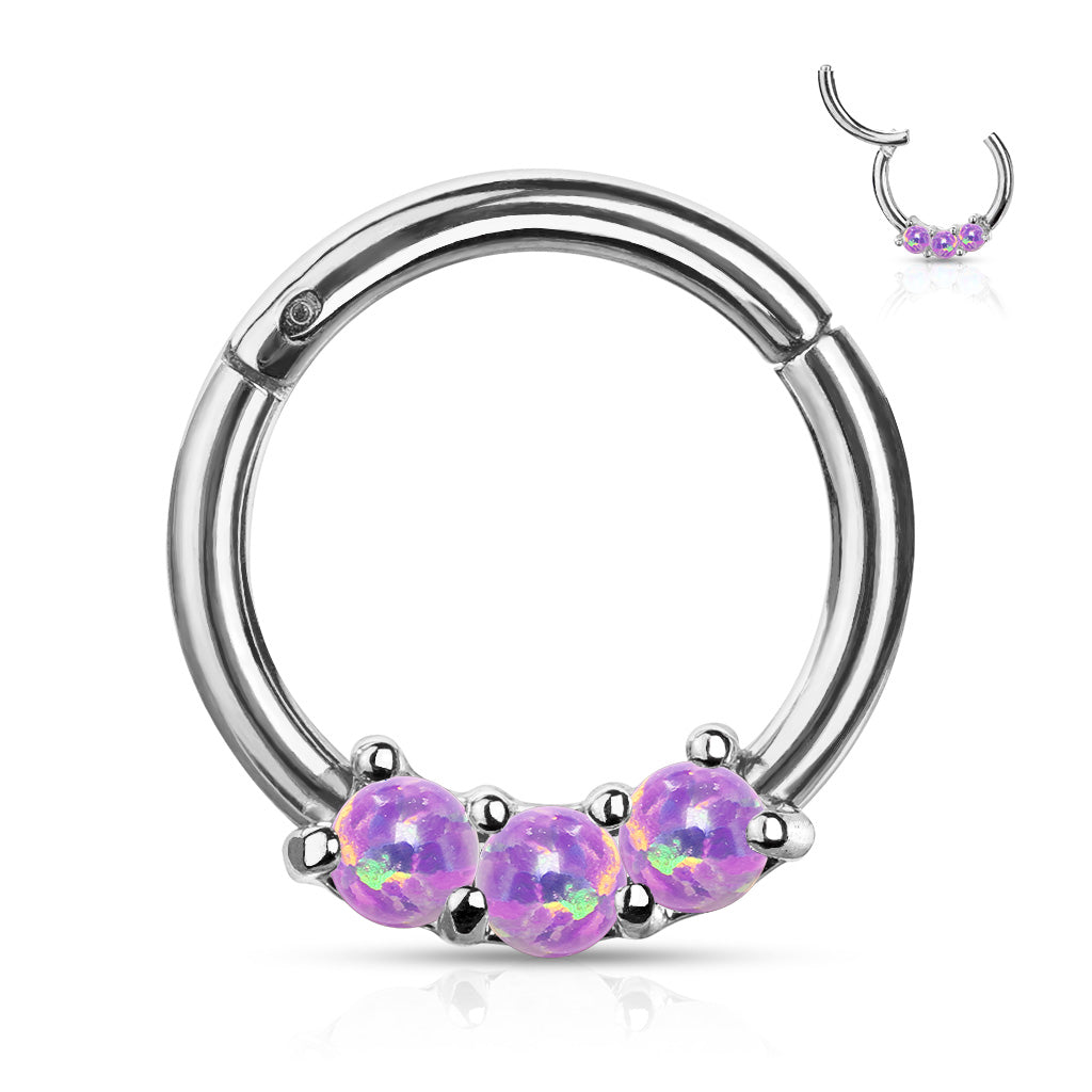 Surgical Steel Hinged Ring with Front Facing Prong Clasp 3 Opals