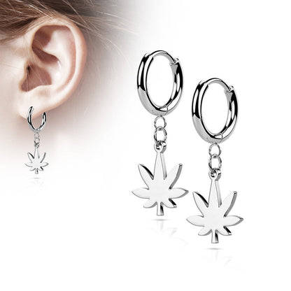 Surgical Steel Hinged Hoop Earrings with Pot Leaf Dangle