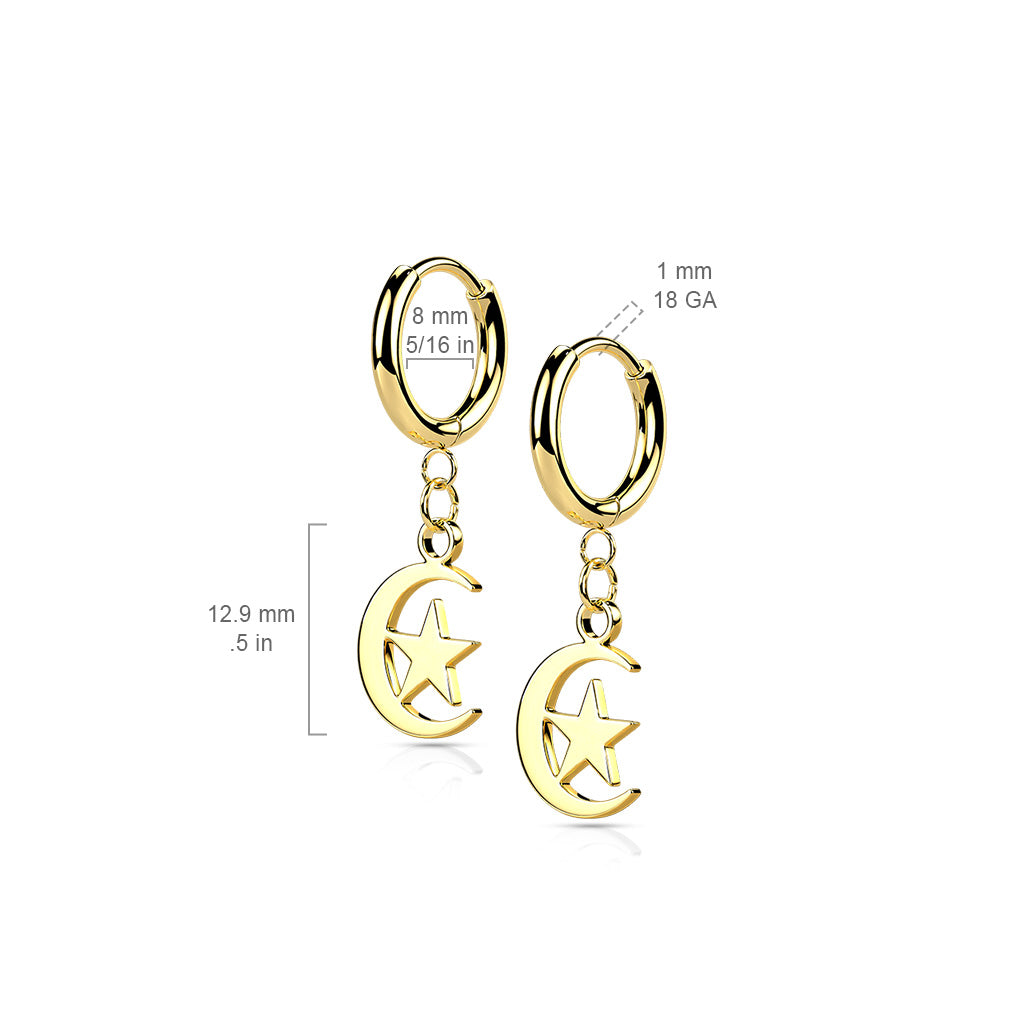 Surgical Steel Hinged Hoop Earrings with Moon & Star Dangle