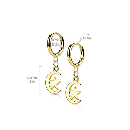 Surgical Steel Hinged Hoop Earrings with Moon & Star Dangle