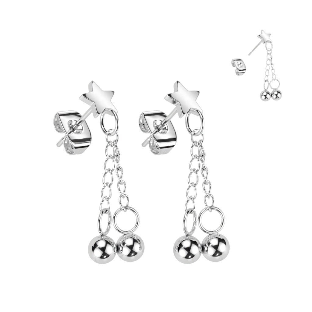 Surgical Steel Star Earrings with 2 Chain Drop Ball Dangles