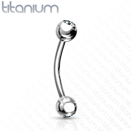 Titanium External Thread Curved Barbell with Double CZ Ball Ends
