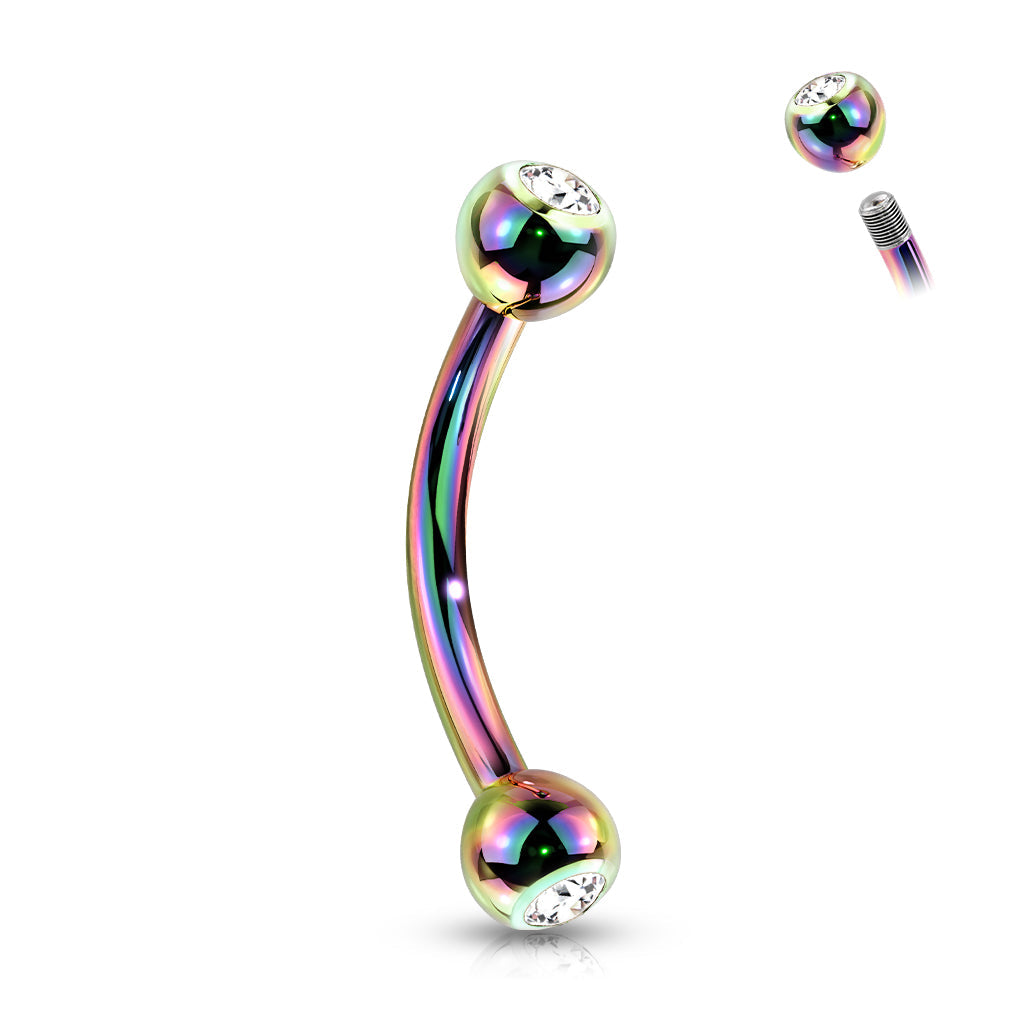 Titanium Colored Curved Barbell with Press Fit CZ Ball Ends External Thread