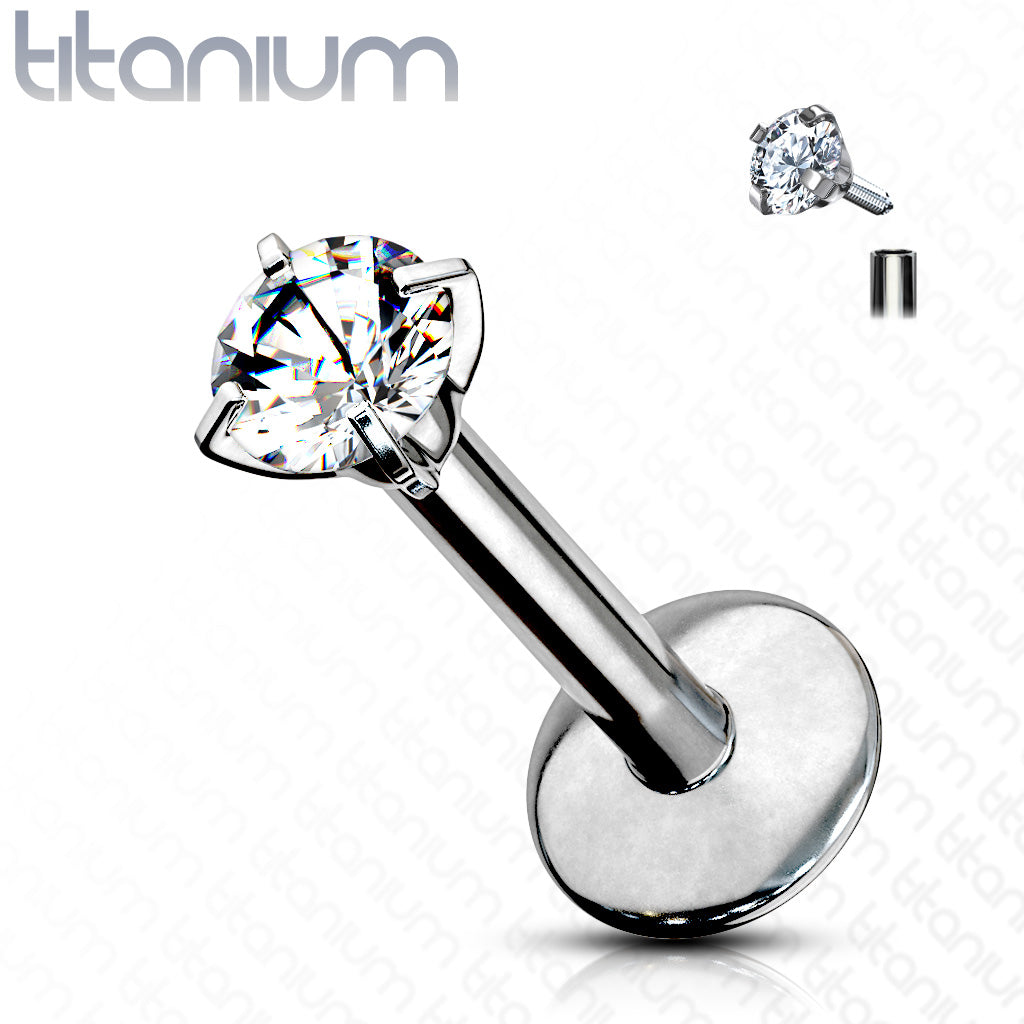 Internal Thread Titanium Prong Set Round CZ Labret