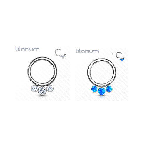 Titanium 3 Gem Front Facing Hinged Ring in CZ or Opal