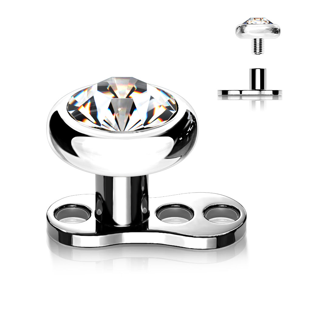 Titanium 3 Hole Dermal Anchor with 2mm Rise and Titanium Flat Round Crystal Top