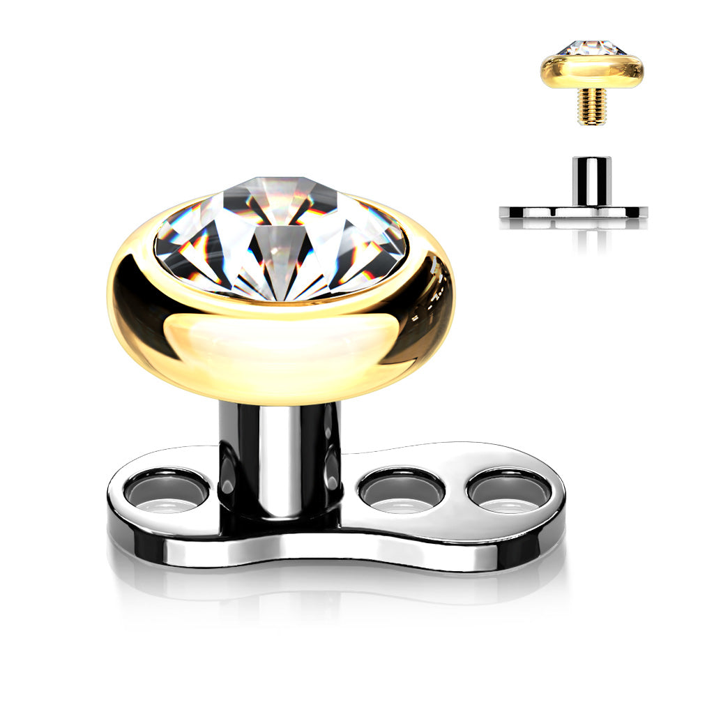 Titanium 3 Hole Dermal Anchor with 2mm Rise and Titanium Flat Round Crystal Top