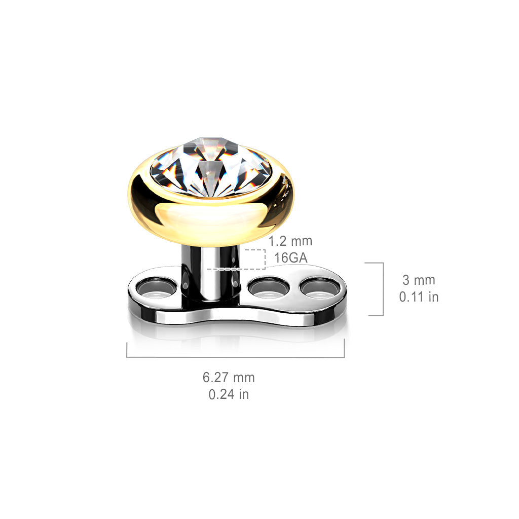 Titanium 3 Hole Dermal Anchor with 2mm Rise and Titanium Flat Round Crystal Top