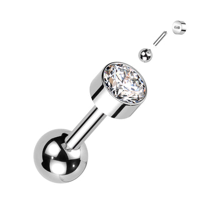 Titanium Cartilage Barbell with Premium Round Bezel Set CZ Internal Thread