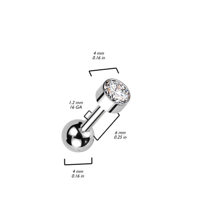 Titanium Cartilage Barbell with Premium Round Bezel Set CZ Internal Thread