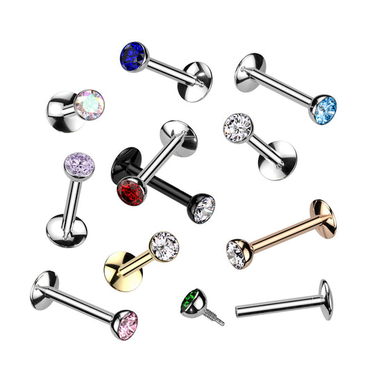 EASY FIT Titanium Internal Thread Bezel CZ Labret with Extended Threading