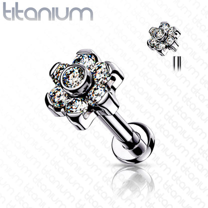 Titanium CZ Set Flower Top Interal Thread Labret 16G