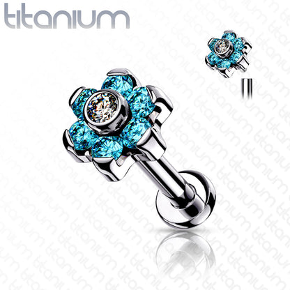 Titanium CZ Set Flower Top Interal Thread Labret 16G