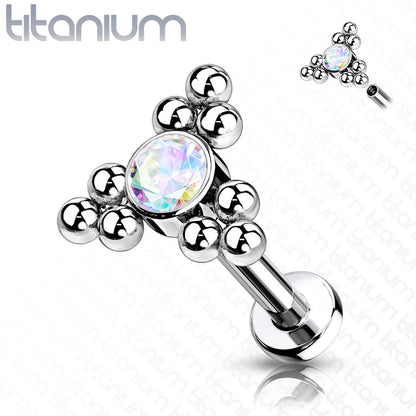 Titanium Internal Thread Labret Single CZ with Triple Ball Clusters