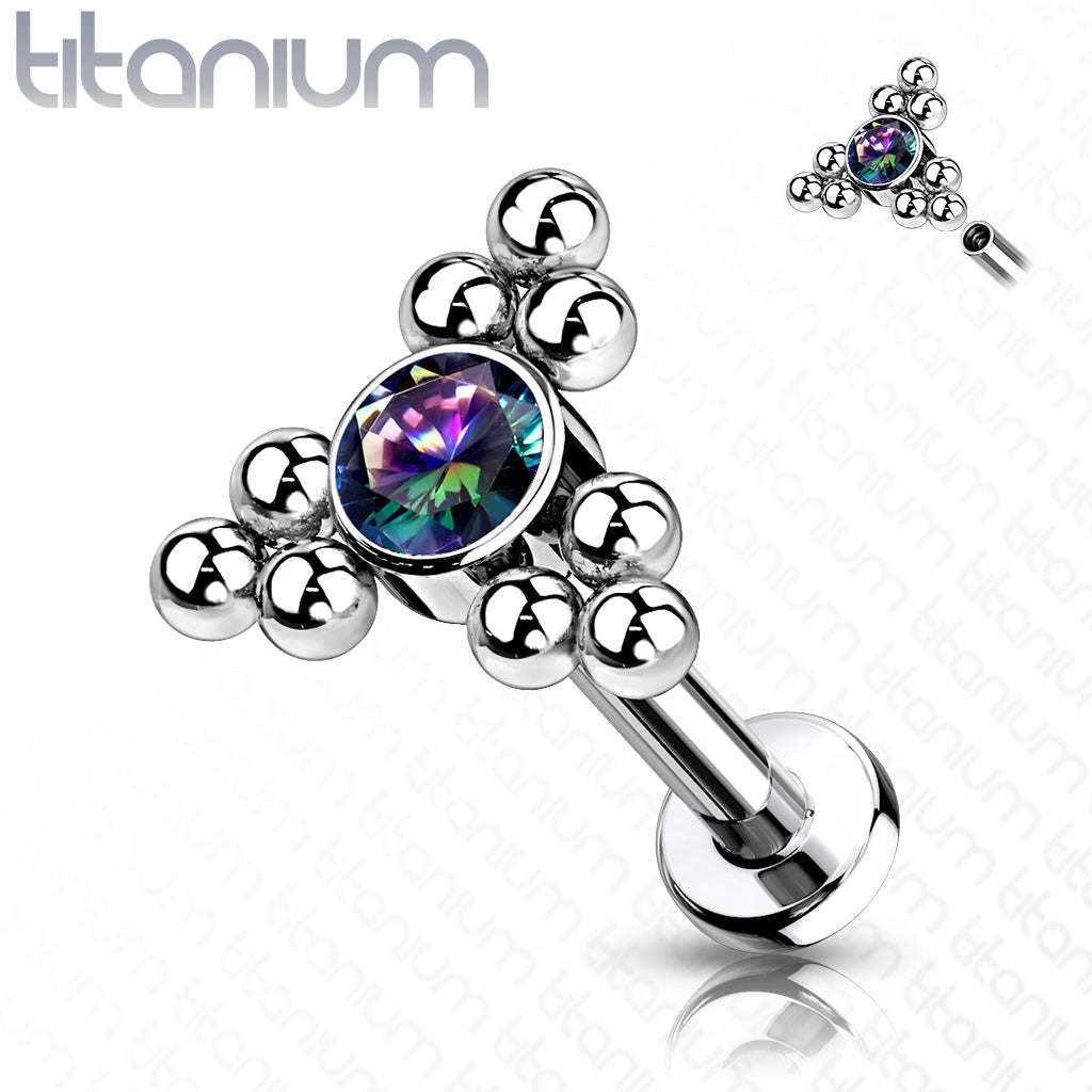 Titanium Internal Thread Labret Single CZ with Triple Ball Clusters