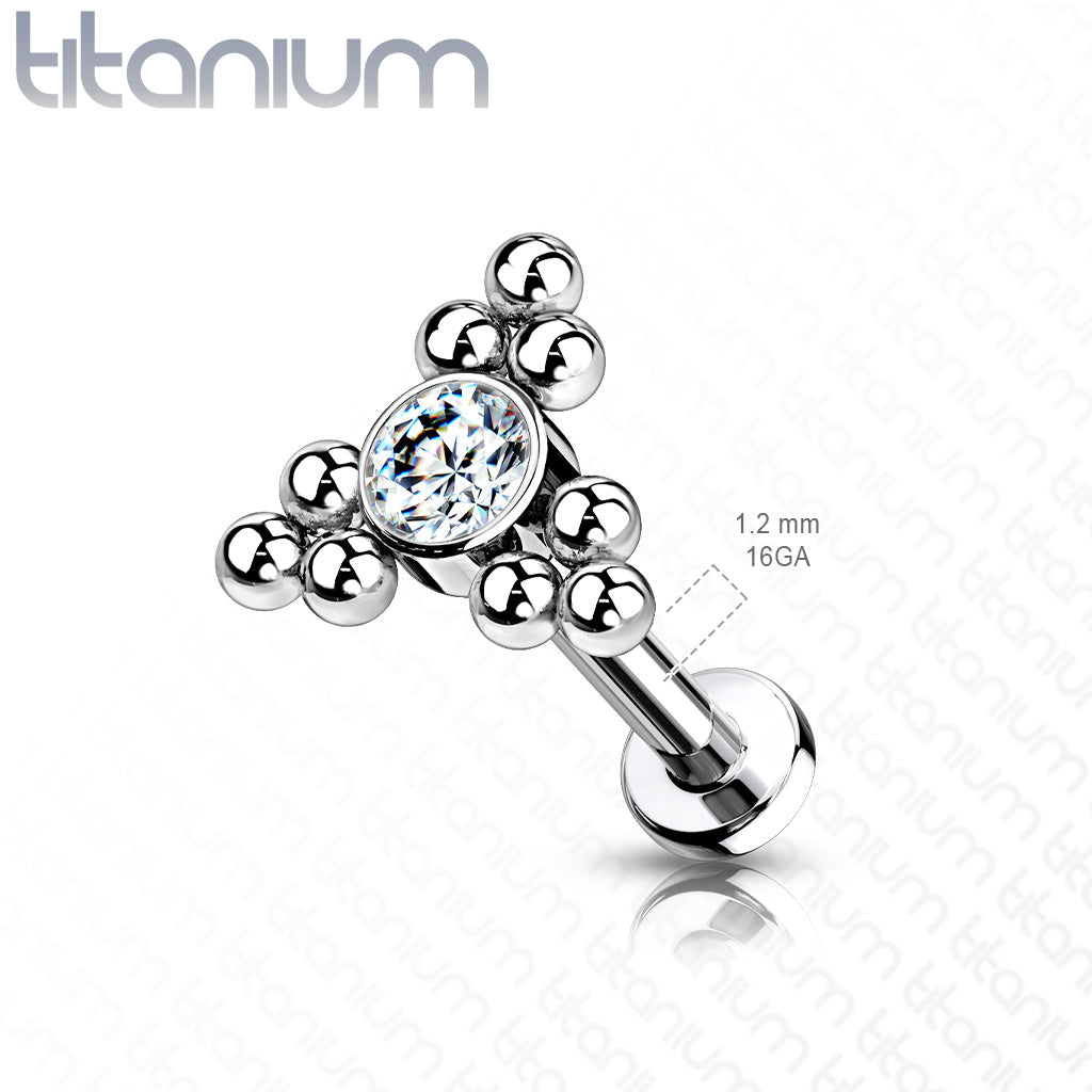 Titanium Internal Thread Labret Single CZ with Triple Ball Clusters