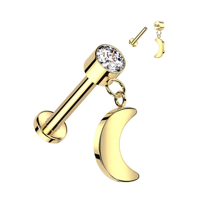 Titanium Internal Thread Labret with CZ and Crescent Moon Dangle