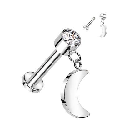 Titanium Internal Thread Labret with CZ and Crescent Moon Dangle