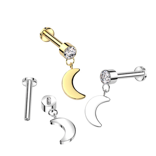 Titanium Internal Thread Labret with CZ and Crescent Moon Dangle
