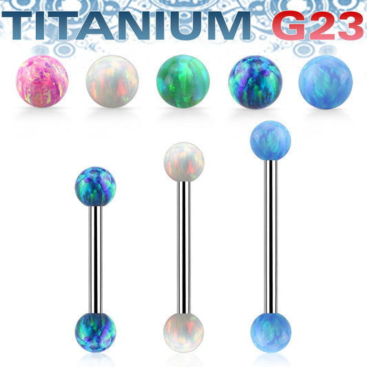 Titanium Barbell with Synthetic Opal Ball Ends with Inlaid Steel External Threading