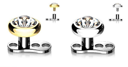Titanium 3 Hole Dermal Anchor with 2mm Rise and Titanium Flat Round Crystal Top